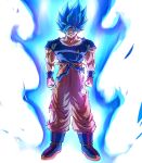  1boy absurdres aura battle_damage biceps blue_eyes blue_footwear blue_hair blue_sash blue_shirt blue_wristband clenched_hands dougi dragon_ball dragon_ball_super full_body highres long_hair looking_at_viewer male_focus muscular muscular_male pants pectorals rz28kp sash shirt short_sleeves simple_background son_goku spiked_hair super_saiyan super_saiyan_blue torn_clothes torn_pants torn_shirt v-shaped_eyebrows white_background wristband 