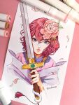  1girl akatsuki_no_yona flower hair_flower hair_ornament holding holding_sword holding_weapon korean_clothes long_sleeves looking_at_viewer medium_hair peony_(flower) petals pink_eyes pink_flower red_hair sword tassel toshiasan traditional_media weapon yona_(akatsuki_no_yona) 