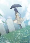  1girl absurdres alternate_costume ankle_boots boots bouquet closed_mouth cloud cloudy_sky coat commentary flower fu_hua full_body grass graveyard highres holding holding_bouquet holding_umbrella honkai_(series) honkai_impact_3rd long_hair long_sleeves rain saya_atang sky solo standing tombstone umbrella very_long_hair white_flower 