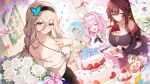  3girls aponia_(honkai_impact) apple_caramel bare_shoulders birthday_cake blonde_hair blue_eyes braid breasts bug butterfly cake cleavage closed_eyes closed_mouth commentary eden_(honkai_impact) elysia_(honkai_impact) elysia_(miss_pink_elf)_(honkai_impact) english_commentary flower food hair_between_eyes happy_birthday highres honkai_(series) honkai_impact_3rd jewelry long_hair looking_at_viewer multiple_girls necklace official_art one_eye_closed open_mouth pink_hair pointy_ears ponytail red_hair rose second-party_source single_braid white_flower white_rose 