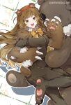  1girl animal_ears bear_ears bear_tail blush bodysuit bow bowtie breasts brown_bodysuit brown_eyes brown_hair claws e.g.o_(project_moon) hairband happy_teddy_bear highres library_of_ruina long_hair looking_at_viewer malkuth_(project_moon) medium_breasts munjiduck open_mouth project_moon red_hairband sidelocks smile solo stuffed_animal stuffed_toy stuffing tail teddy_bear very_long_hair yellow_bow yellow_bowtie 
