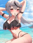  1girl 339_akano arm_belt arms_up bare_legs beach belt bikini black_belt black_bikini blush breasts cleavage closed_mouth cloud collarbone ear_piercing hair_between_eyes hair_ornament hairclip highres hololive large_breasts looking_at_viewer multicolored_hair navel ocean piercing ponytail red_eyes sakamata_chloe sidelocks sky smile solo streaked_hair swimsuit thighs underboob water 