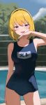  1girl ass_visible_through_thighs bare_arms black_hairband blonde_hair blue_one-piece_swimsuit blush breasts collarbone cowboy_shot day fang frown hairband hand_up highres higurashi_no_naku_koro_ni houjou_satoko kongarisalmon large_breasts looking_at_viewer name_tag old_school_swimsuit one-piece_swimsuit outdoors pool poolside purple_eyes school_swimsuit school_swimsuit_flap short_hair skin_fang solo standing swept_bangs swimsuit thighs 