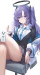  1girl bare_legs blue_archive blue_necktie cup halo highres holding holding_cup id_card looking_at_viewer necktie sitting thighs twintails white_background wuzhihuijia yuuka_(blue_archive) 