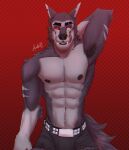  acidwuff anthro armpit_hair black_nipples body_hair bottomwear bulge canid canid_demon clothed clothing demon fangs front_view fur grey_body grey_bottomwear grey_clothing grey_fur hellhound helluva_boss hi_res licking licking_lips licking_own_lips male mammal muscular muscular_anthro muscular_male nipples portrait pose red_tongue solo standing teeth three-quarter_portrait tongue tongue_out topless vortex_(helluva_boss) 