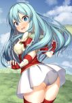  1girl armor ass blue_eyes blue_hair blue_sky breastplate cape cloud eirika_(fire_emblem) fingerless_gloves fire_emblem fire_emblem:_the_sacred_stones gloves hair_between_eyes long_hair looking_at_viewer looking_back open_mouth outdoors panties red_gloves red_shirt shirt short_sleeves shoulder_armor skirt sky solo to_kifa underwear upskirt white_panties white_skirt 