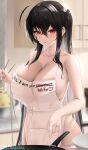  1girl :q absurdres ahoge apron azur_lane bare_arms bare_shoulders black_hair blurry blurry_background blush breasts chopsticks cleavage closed_mouth collarbone crossed_bangs english_text fouriasensei hair_between_eyes highres holding holding_chopsticks indoors jewelry large_breasts long_hair looking_at_viewer manjuu_(azur_lane) naked_apron red_eyes ring side_ponytail sideboob smile solo taihou_(azur_lane) tongue tongue_out 