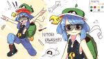  ! !! 1girl alternate_costume alternate_hairstyle bare_shoulders blue_hair blue_pants color_guide english_text green_bag green_headwear happy kawashiro_nitori looking_at_viewer multiple_views pants reference_sheet slascoplerd smile touhou 