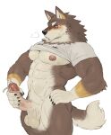  2023 abs anthro armpit_hair balls barazoku big_balls big_muscles big_penis blush bodily_fluids body_hair bottomless bottomless_anthro bottomless_male breath canid canine canis claws clothed clothing erection fur genital_fluids genitals hand_on_hip hi_res humanoid_genitalia humanoid_penis male mammal masturbation muscular muscular_anthro muscular_male narrowed_eyes navel nipples obliques ogami_aratsuka pecs penile penile_masturbation penis precum raised_clothing raised_shirt raised_topwear rossciaco scar shirt simple_background solo standing sweat topwear tuft vein vtuber white_background wolf youtuber 