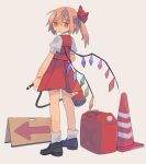  1girl arrow_(symbol) bad_id bad_tumblr_id bandaid bandaid_on_arm bow crystal daizu_(melon-lemon) fire_extinguisher flandre_scarlet from_behind full_body grey_background grey_footwear hair_bow high-waist_skirt highres holding jerry_can jitome light_brown_hair loafers looking_at_viewer looking_back medium_hair no_headwear no_sclera one_side_up orange_eyes parted_lips puffy_short_sleeves puffy_sleeves red_bow red_skirt red_vest shirt shoes short_sleeves sign simple_background skirt skirt_set socks solo standing sweatdrop touhou traffic_cone vest white_shirt white_socks wings 