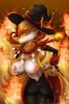  anthro areola bandai_namco breasts clothing delphox digimon digimon_(species) female fire generation_6_pokemon genitals hand_on_breast hat headgear headwear hi_res hybrid kyubimon legwear looking_at_viewer nintendo nipples open_mouth pokemon pokemon_(species) pussy red_body red_eyes sharkdark solo white_body witch_hat yellow_body 