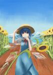  1girl absurdres blue_sky cirno flower food food_in_mouth hat highres holding holding_food holding_ice_cream ice ice_block ice_cream ice_wings plant shaded_face shadow shinkopeishon sky solo straw_hat summer sunflower sunlight touhou wings 