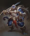  2022 6suan abs ankle_wraps anthro armor beard biceps blue_body blue_eyes blue_fur blue_hair bone breechcloth cape chest_scar claws clothing deltoids facial_hair felid finger_claws fur fur_lined_clothing greaves grey_background hair hi_res holding_object holding_sword holding_weapon jewelry legband male mammal melee_weapon multicolored_body multicolored_fur muscular muscular_anthro muscular_male muscular_thighs necklace nipple_piercing nipples obliques pantherine pawpads piercing rigel_(skydtiger) satchel scar simple_background skull skull_belt solo sword tattered_cape thick_thighs tiger topwear torn_clothing two_tone_body two_tone_fur vambrace vest warrior weapon white_body white_fur white_hair 