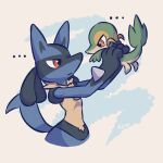  ... advos holding holding_pokemon looking_at_another lucario no_humans pokemon pokemon_(creature) simple_background snivy white_background 