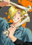  1boy black_shirt blonde_hair blue_jumpsuit bone earrings fingernails grey_background grin hair_over_one_eye holding holding_bone jewelry jumpsuit male_focus original pocket shirt short_hair smile solo splatter tanotsuku_daisuke zipper 