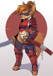 2023 anthro armor brown_body brown_fur brown_hair camel_toe canid eye_patch eyewear female fur hair hi_res holding_object holding_sword holding_weapon japanese_armor japanese_flag looking_at_viewer mammal melee_weapon sat_v12 solo standing sword unconvincing_armor weapon 
