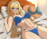  1girl absurdres alice_zuberg bikini blonde_hair blue_bikini blue_eyes blush braid braided_ponytail breasts closed_mouth hair_between_eyes hair_intakes hairband hat highres indoors large_breasts long_hair looking_at_viewer lying navel on_back on_bed pillow pillow_grab sigure_yusyo smile solo straw_hat sun_hat swimsuit sword_art_online sword_art_online:_alicization untied untied_bikini white_hairband 