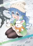  1girl black_pantyhose blue_eyes blue_hair date_a_live eyepatch footprints green_sweater hand_puppet highres looking_at_viewer official_art open_mouth pantyhose puppet roots smile snow snowman squatting sweater white_headwear winter winter_clothes yoshino_(date_a_live) yoshinon 