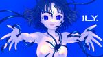  1girl beckoning black_hair blue_background blue_eyes blue_theme breasts bright_pupils cable collarbone commentary_request copyright_name cracked_skin floating_hair glitch hole_in_chest hole_on_body ily. medium_hair narume nipples nude open_mouth outstretched_arms pixel_art simple_background small_breasts smile solo straight-on upper_body white_pupils yurizawa_airi 