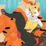  anal anal_penetration anthro arcanine balls big_penis blush bodily_fluids braixen cute_expression duo english_text eyes_closed generation_1_pokemon generation_6_pokemon genital_fluids genitals knot knotting looking_at_another&#039;s_penis male male/male moan moofles123 nintendo open_mouth penetration penis pokemon pokemon_(species) precum sex small_penis text 