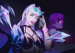  1girl 2girls breasts cropped_jacket demon demon_girl evelynn_(league_of_legends) glasses highres jewelry k/da_(league_of_legends) k/da_evelynn lantdinh large_breasts league_of_legends long_hair looking_at_viewer makeup multiple_girls parted_lips pink_hair the_baddest_evelynn upper_body white_hair yellow_eyes 