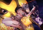  1girl animal_ears arknights breasts broom broom_riding dutch_angle eyewear_on_head feater_(arknights) halloween hat open_mouth panda panda_ears panda_girl razu_(rus) thighhighs thighs white_thighhighs witch_hat yellow_eyes 