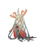  1girl :d absurdly_long_hair adapted_costume ahoge black_footwear black_skirt boots bow bowtie fire fish_(food) food full_body green_eyes green_hair grey_bow grey_bowtie hair_ribbon hatsune_miku highres long_hair long_sleeves looking_at_viewer miniskirt open_mouth pleated_skirt ribbon sashimi simple_background skirt smile solo standing thigh_boots twintails uhui very_long_hair vocaloid white_background wide_sleeves zettai_ryouiki 