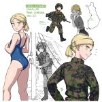  1girl absurdres ass black_skirt blonde_hair blue_one-piece_swimsuit brown_gloves camouflage camouflage_jacket camouflage_pants finland finnish_army gloves green_eyes green_jacket green_pants highres jacket looking_at_viewer looking_back military_uniform multiple_views one-piece_swimsuit original ostwindprojekt pants partially_colored rk62 shirt skirt smile solo swimsuit uniform white_shirt 
