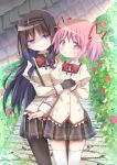  2girls akemi_homura black_hair bow bowtie bush flower gloves hair_ribbon hairband hand_on_another&#039;s_hip highres hoshikage_wataru kaname_madoka long_sleeves looking_at_another mahou_shoujo_madoka_magica mahou_shoujo_madoka_magica:_walpurgis_no_kaiten mahou_shoujo_madoka_magica_(anime) mitakihara_school_uniform multiple_girls pantyhose pink_eyes pink_hair purple_eyes ribbon school_uniform shaded_face signature skirt twintails umbrella yuri zettai_ryouiki 