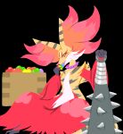  1girl alternate_color animal_ear_fluff beans black_background box brown_fur club_(weapon) collar delphox fang fox furry furry_female gardear058 highres holding holding_weapon kanabou open_mouth pokemon red_fur setsubun simple_background solo spiked_club spiked_collar spikes tiger_stripes weapon yellow_eyes 