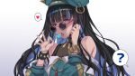  1girl ? black_hair blue-tinted_eyewear candy colored_inner_hair commentary_request commission eyeliner fate/grand_order fate_(series) food green_headwear green_jacket heart highres jacket lollipop looking_at_viewer looking_over_eyewear makeup multicolored_hair round_eyewear senrireiri sexually_suggestive skeb_commission solo sunglasses tenochtitlan_(fate) tinted_eyewear white_background 