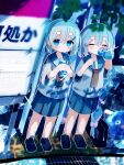  2girls blue_eyes blue_hair blue_headwear blue_sailor_collar blue_skirt blurry blurry_foreground bottle bow bus_stop closed_eyes dappled_sunlight dot_mouth drink drinking eel_hat grate hair_bow hatsune_miku headwear_removed highres hikimayu holding holding_bottle holding_drink long_hair looking_at_viewer multiple_girls otomachi_una pleated_skirt sailor_collar school_uniform sewer_grate shirt short_sleeves side-by-side skirt sparkle standing sunlight syare_0603 twintails very_long_hair vocaloid white_shirt 