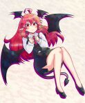  1girl ahoge bat_wings black_footwear black_skirt black_vest black_wings blush breasts buttons carbohydrate_(asta4282) collared_shirt commentary_request demon_girl demon_tail drop_earrings drop_shadow earrings flying_sweatdrops full_body hair_between_eyes head_wings highres jewelry koakuma long_hair long_sleeves looking_at_viewer medium_bangs necktie open_mouth pencil_skirt pointy_ears red_eyes red_hair red_necktie shirt sidelocks simple_background skirt skirt_set small_breasts solo tail touhou vest white_shirt wings 