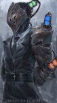  1boy arms_behind_back baral_(library_of_ruina) belt black_belt black_coat black_necktie coat collared_shirt copyright_name cowboy_shot facing_to_the_side gauntlets helmet highres library_of_ruina male_focus nameno92372763 necktie project_moon shirt solo syringe white_shirt wing_collar 