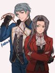  1boy 1girl ace_attorney ascot black_gloves black_vest blue_eyes blue_hair blue_jacket blue_pants buttons closed_mouth collared_coat cowboy_shot crossed_arms earrings franziska_von_karma frilled_ascot frills frown furrowed_brow genderswap genderswap_(ftm) genderswap_(mtf) gloves grey_eyes grey_hair hair_intakes highres holding holding_whip jacket jewelry kanmi_(kanmiland) lapels long_hair looking_at_viewer miles_edgeworth mole mole_under_eye open_clothes open_jacket pants red_jacket short_hair simple_background swept_bangs three-piece_suit very_long_hair very_short_hair vest white_ascot white_background 