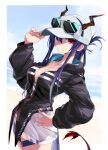  1girl arknights baseball_cap beach black_jacket blue_hair blue_sky breasts ch&#039;en_(arknights) ch&#039;en_the_holungday_(arknights) cleavage cloud cowboy_shot day dragon_girl dragon_horns dragon_tail eyewear_on_headwear fur-tipped_tail hand_on_headwear hand_on_hip hat highres horns horns_through_headwear jacket large_breasts long_hair looking_at_viewer ocean outdoors partially_unzipped red_eyes sand shaded_face sidelocks sky solo sunglasses tail water white_headwear yachima_tana 