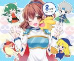  2boys 3girls animal_on_shoulder arle_nadja armor black_pants blonde_hair blue_cape blue_eyes blue_footwear blue_hairband blue_headwear blue_robe blush breastplate broom broom_riding brown_eyes brown_hair cape capelet carbuncle_(puyopuyo) chibi china_dress chinese_clothes closed_eyes draco_centauros dragon_girl dragon_horns dragon_tail dragon_wings dress fang finger_counting frown gloves green_hair grey_hair hairband holding holding_sword holding_weapon horns kashima_miyako laughing madou_monogatari metal_boots multiple_boys multiple_girls open_mouth outstretched_arms pants pointy_ears ponytail puyopuyo red_cape red_dress red_footwear robe schezo_wegey shirt short_hair speech_bubble spread_arms suketoudara sword tail translation_request weapon white_capelet white_gloves white_shirt wings witch_(puyopuyo) 