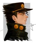  1boy black_hair black_jacket closed_mouth collared_jacket ear_piercing grey_eyes highres impossible_clothes jacket jojo_no_kimyou_na_bouken kujo_jotaro looking_away male_focus on0n piercing portrait profile short_hair solo stardust_crusaders 