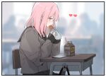  1girl black_shirt blush bread cellphone desk eating food food_in_mouth fujiyama heart holding milk original phone pink_eyes pink_hair school_desk school_uniform shirt sitting solo 