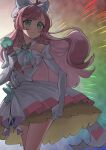  1girl absurdres ahoge backlighting bow brooch cure_prism dress elbow_gloves gloves green_eyes hair_bow highres hirogaru_sky!_precure jewelry long_hair magical_girl nama_cream_croquette nijigaoka_mashiro pink_hair precure sky_mirage solo white_bow white_dress white_gloves wing_brooch 