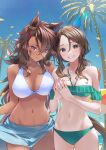  2girls animal_ears blush breasts brown_eyes brown_hair cleavage cowboy_shot dark_skin ear_covers hair_between_eyes highres horse_ears horse_girl horse_tail king_halo_(umamusume) lens_flare looking_at_viewer low_ponytail multiple_girls nabe_puyo palm_tree red_eyes rigantona_(umamusume) smile sunlight swimsuit tail tree umamusume wavy_hair 