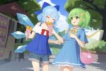  2girls bag blue_bow blue_dress blue_hair blue_shorts blush bow cirno closed_eyes closed_mouth crepe daiyousei detached_wings dress fairy fairy_wings food green_eyes green_hair hair_bow holding holding_food ice ice_wings kanpa_(campagne_9) long_hair multiple_girls open_mouth short_hair short_sleeves shorts shoulder_bag side_ponytail smile touhou tree wings 