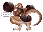  4:3 anthro barbell big_breasts big_butt black_border blazbaros border bottomwear bra breasts brown_body brown_scales butt claws clothing crouching dialogue dinosaur exercise female gym_bottomwear gym_clothing gym_shorts looking_at_viewer looking_back looking_back_at_viewer muscular muscular_anthro muscular_female rear_view reptile scales scalie shorts solo speech_bubble sports_bra squats theropod tyrannosaurid tyrannosaurus tyrannosaurus_rex underwear weightlifting weights workout 