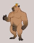  1boy absurdres bara belly capybara_boy chest_tuft completely_nude flaccid food food_on_head foreskin fruit fruit_on_head full_body furry furry_male hand_up highres large_pectorals male_focus mandarin_orange muscular muscular_male navel navel_hair no_nipples nude object_on_head original pectorals penis plump sanpaku short_hair simple_background smile solo sparse_arm_hair standing thick_eyebrows towel_around_waist twisthound uncensored whiskers 