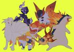  ceruledge chi-you claws fangs fire fish full_body highres infernape ninetales no_humans open_mouth pokemon pokemon_(creature) simple_background tail typhlosion v_(govvvvw) volcarona wings yellow_background 