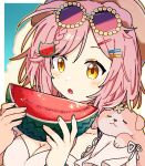 1girl :o animal_ears animal_on_shoulder arknights bikini blue_sky blush border bracelet breasts brown_headwear cat cat_ears cat_hair_ornament cleavage cloud commentary dot_nose eyewear_on_head food food-themed_hair_ornament fruit goldenglow_(arknights) goldenglow_(summer_flowers)_(arknights) hair_ornament hairclip hat holding holding_food jewelry looking_down maguro_kan medium_breasts open_mouth outdoors scottish_fold sky sunglasses swimsuit tinted_eyewear upper_body watermelon watermelon_hair_ornament watermelon_slice white_bikini 