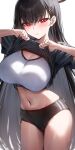  1girl alternate_costume black_buruma black_hair blue_archive blush breasts bright_pupils buruma cleavage clothes_lift commentary_request cowboy_shot hair_ornament halo highres large_breasts lifted_by_self looking_at_viewer navel neshia_(tsaqif0309) parted_lips red_eyes rio_(blue_archive) shirt_lift short_sleeves simple_background solo sports_bra stomach thighs white_background white_pupils white_sports_bra 