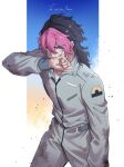  1boy black_hair blue_eyes copyright_name dirty dirty_clothes dirty_face forked_eyebrows guel_jeturk gundam gundam_suisei_no_majo highres jumpsuit long_hair looking_at_viewer male_focus multicolored_hair pink_hair shirt simple_background solo white_background white_shirt wiping_face yoshinowataru 