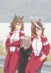  1other 2girls :/ ahoge animal_ears aqua_eyes arms_at_sides blurry blurry_background bow brown_hair closed_mouth crossed_arms day ear_bow grey_hair hair_between_eyes highres horse_ears jacket jewelry light_blush light_smile long_hair long_sleeves looking_to_the_side mafty mr._c.b._(umamusume) multicolored_hair multiple_girls on_railing outdoors pants parted_lips purple_eyes railing side-by-side sitting streaked_hair suiyou_dou_de_shou symboli_rudolf_(umamusume) the_scream tracen_training_uniform track_jacket track_pants track_suit umamusume very_long_hair 