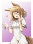  1girl absurdres animal_ears blonde_hair cum cum_on_hands fingernails fox_ears fox_tail green_ribbon hair_between_eyes heart highres kamunika kudamaki_tsukasa open_mouth ribbon romper short_hair short_sleeves solo tail touhou white_romper yellow_eyes 